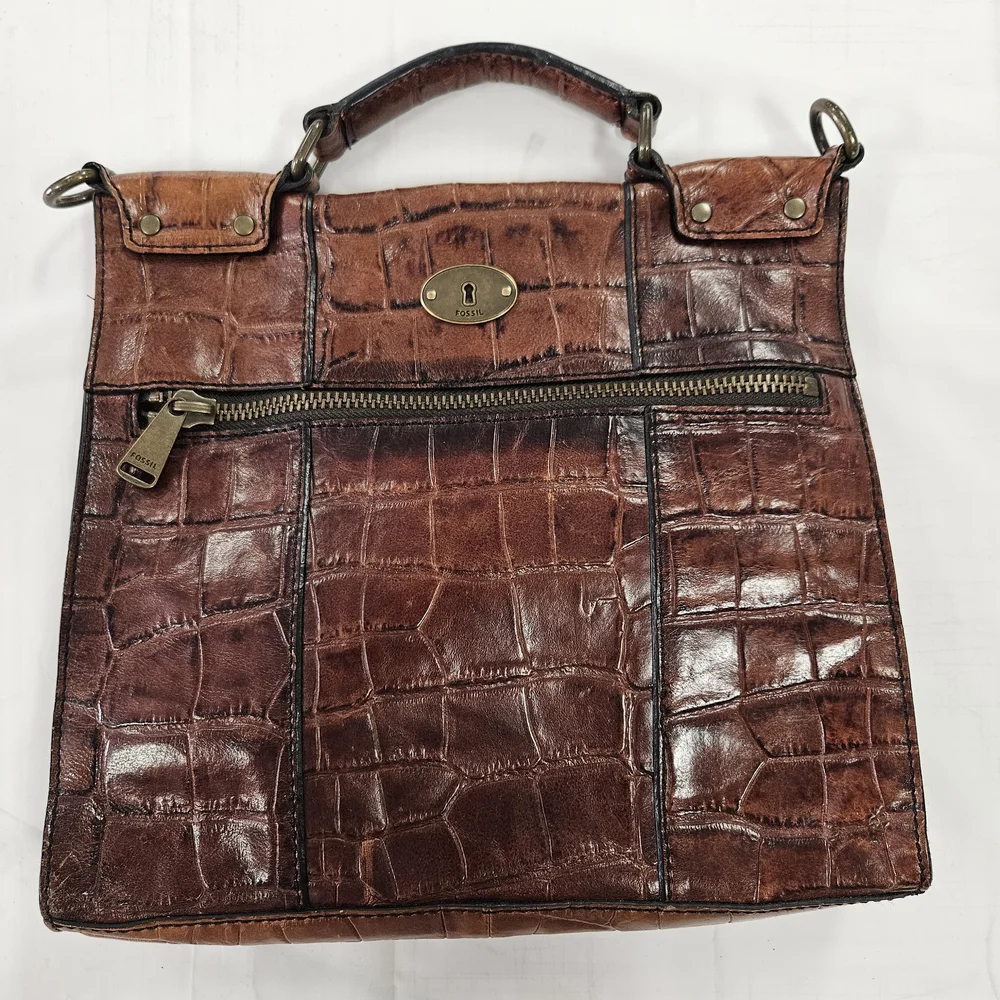 Fossil Croc-Embossed Brown Leather Satchel